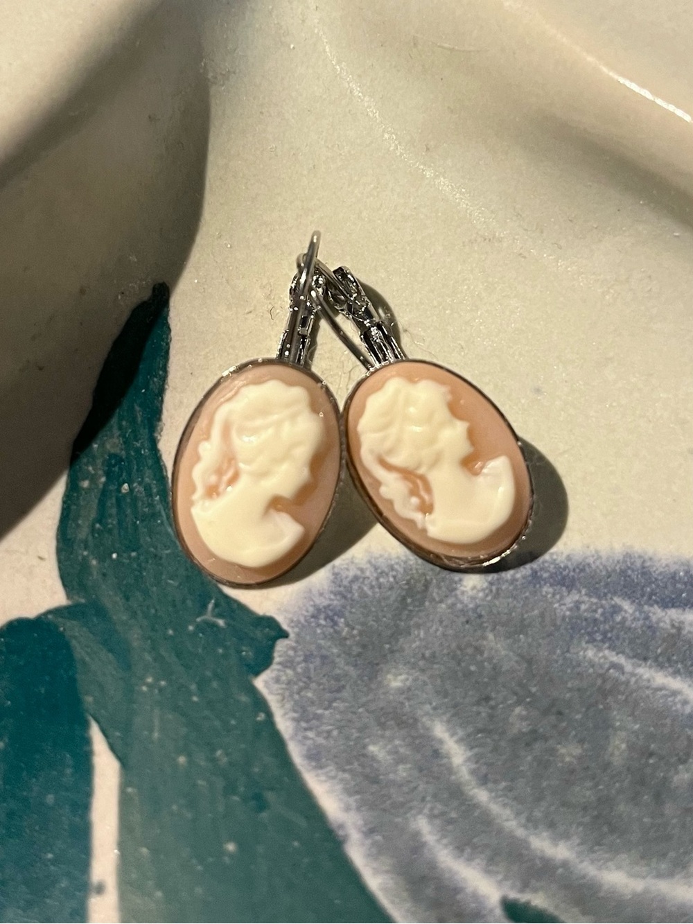 Classic Cameo Drop Earrings in Peach and Ivory